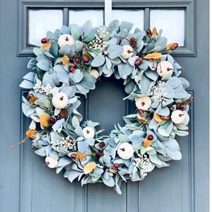 Fall Farmhouse Lambs Ear Pumpkin and Acorn Wreath for Front Door ...