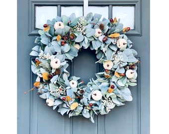 Fall Pumpkin Wreath: Autumn Lambs Ear, White Velvet Pumpkins & Acorns