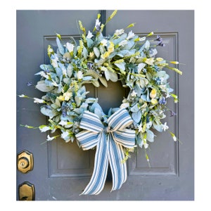 Baby Boy Wreath: Lamb&#39;s Ear Floral, Blue Bow, Baby Shower Decor