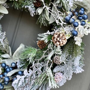 Farmhouse Winter Blue Berries Pine Eucalyptus and Lamb's Ear Front Door Wreath, Blue Berry Winter Outdoor Wreath image 5