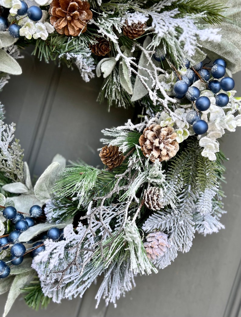 Farmhouse Winter Blue Berries Pine Eucalyptus and Lamb's Ear Front Door Wreath, Blue Berry Winter Outdoor Wreath image 5