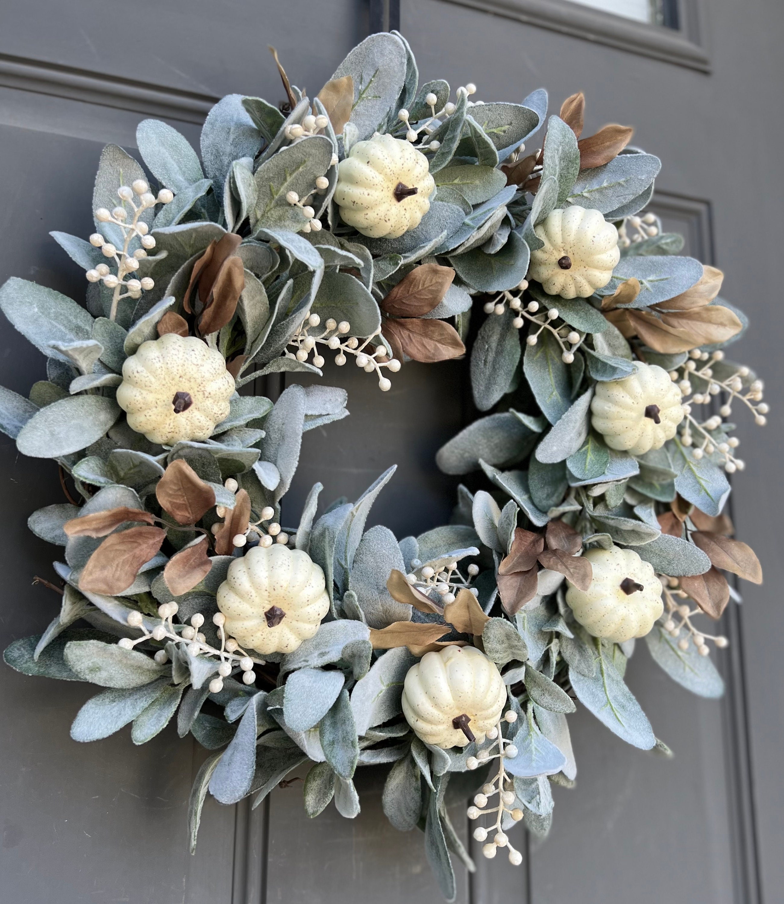 Neutral Fall Lamb's Ear White Pumpkin Wreath for Front Door With Cream ...