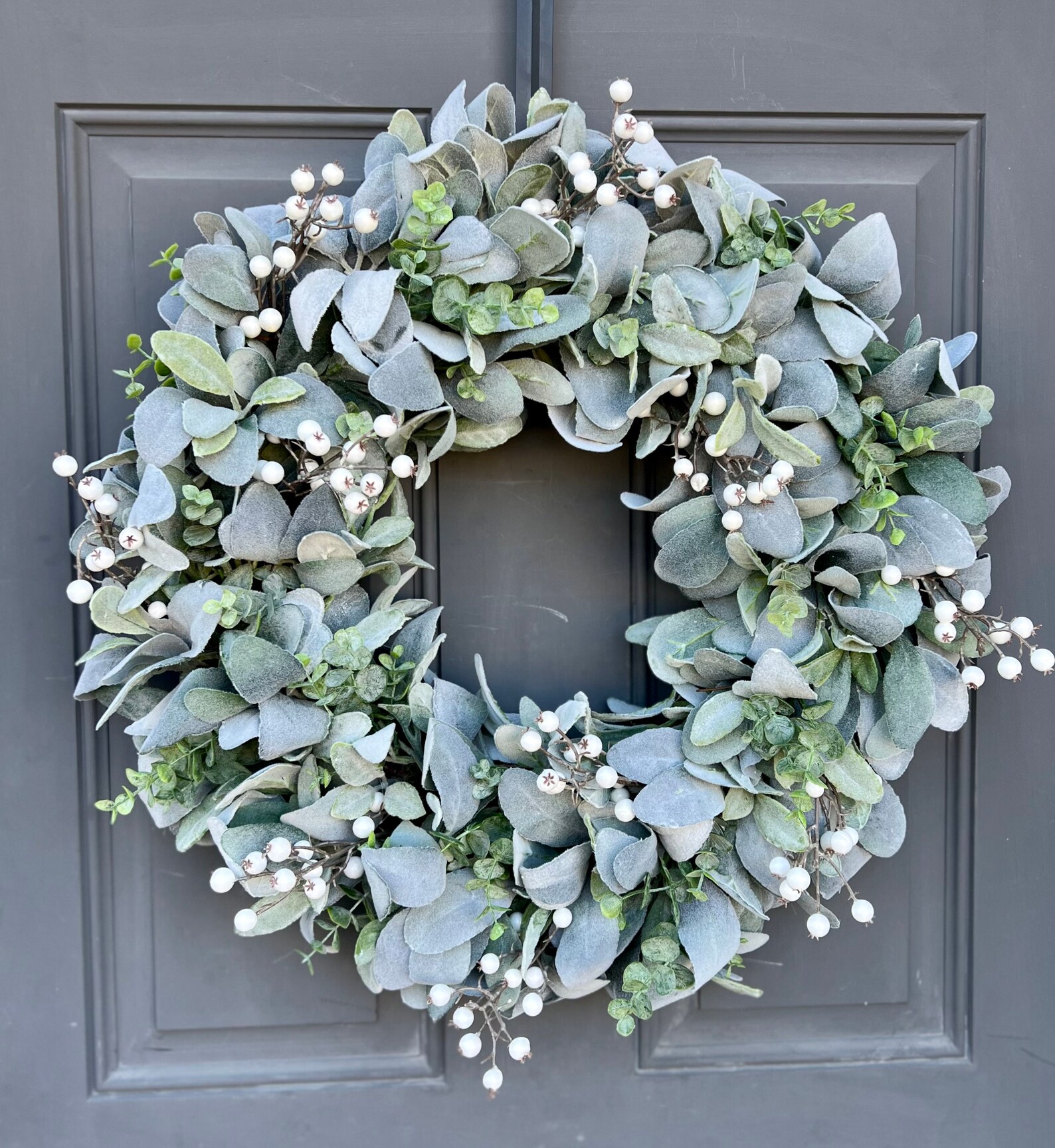 Winter Everyday Farmhouse Lamb's Ear and Eucalyptus Wreath With White ...