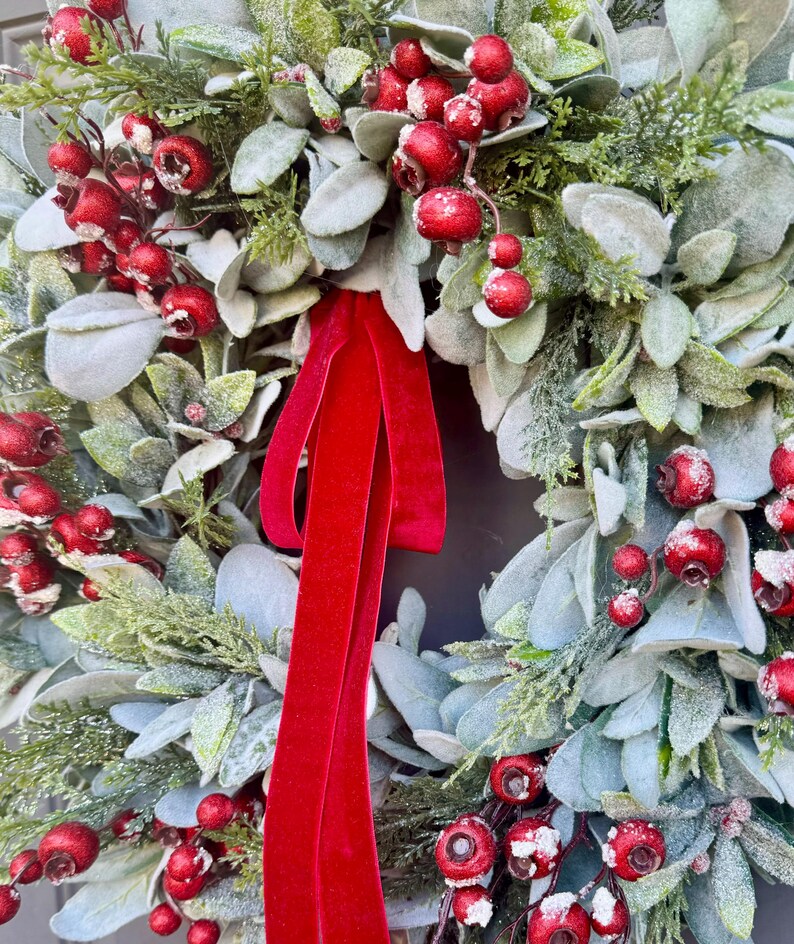 Farmhouse Red Berry Lambs Ear Winter Wreath for Front Door, Lambs Ear ...