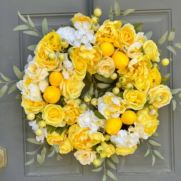 Lemon Peony and Rose Everyday Summer Front Door Wreath, Farmhouse Lemon Full Floral Wreath for Front Door