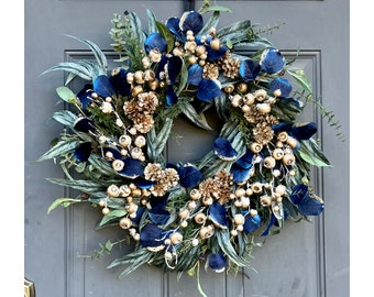 Navy and Gold Eucalyptus Winter Wreath for Front Door, Modern Christmas Greenery Wreath for Outdoors, Chanukah Colors Holiday Wreath