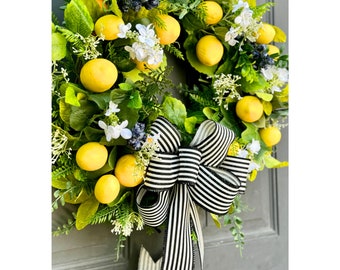 Lemon and Blueberry Summer Front Door Wreath, Lemon Kitchen Decor with Cabana Stripe Bow