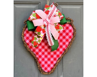 Strawberry Buffalo Check Vine Door Hanger with Bow, Summer Fruit Front Door Decor