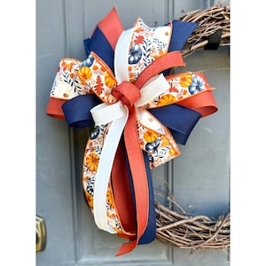 Fall Pumpkin Bow: Navy, Orange & Rust Linen Thanksgiving Decor