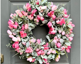 Tulip Wreath for Front Door, Lambs Ear Tulip Wreath, Pink Floral Door Decor, Spring Door Decor, Mother's Day Gift