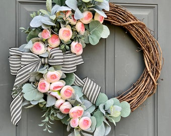 Farmhouse Lamb's Ear Eucalyptus Ranunculus Everyday Wreath for Front Door, Spring Lamb’s Ear Eucalyptus Farmhouse Wreath, Mother’s Day Gift