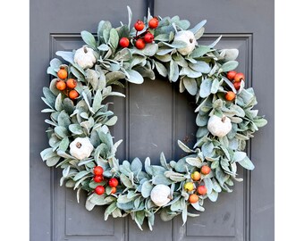 Farmhouse Fall Wreath: Lamb's Ear, White Pumpkins & Orange Berries