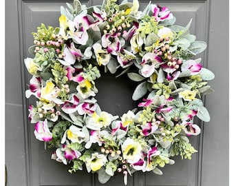 Berry and Pansy Spring to Summer Lambs Ear Wreath for Front Door, Full Floral Everyday Wreath, Mother's Day Gift