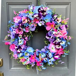 Pansy and Wildflower Spring to Summer Wreath for Front Door, Colorful Full Floral Everyday Wreath, Mother's Day Gift