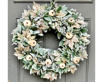 Modern Farmhouse Lamb's Ear and Pumpkin Wreath for Front Door with Maple Leaves and Berries for Fall, Neutral Autumn Pumpkin Greenery Wreath