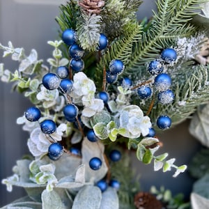 Farmhouse Winter Blue Berries Pine Eucalyptus and Lamb's Ear Front Door Wreath, Blue Berry Winter Outdoor Wreath image 6