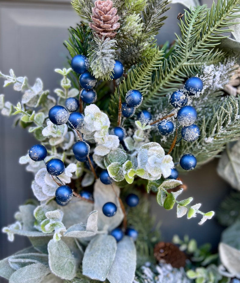 Farmhouse Winter Blue Berries Pine Eucalyptus and Lamb's Ear Front Door Wreath, Blue Berry Winter Outdoor Wreath image 6