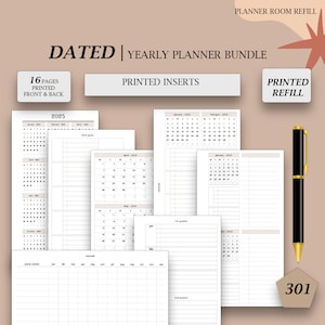 May include: A printable 2025 yearly planner bundle with 16 pages, printed front and back. The bundle includes monthly calendar pages, quarterly planning pages, and a yearly tracker page. The planner is designed for use with a standard A5 planner.