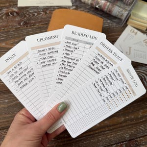 Schede minimaliste per pianificatori – Set di 10 inserti bifacciali / Tracker degli ordini, registro delle letture, registro dei film, attività imminenti, posta in arrivo / Carta premium