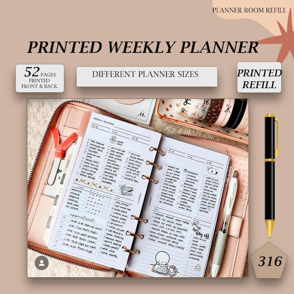 PRINTED ADHD weekly planner inserts, Weekly undated minimalist planner, Week on 2 pages, Weekly schedule, Weekly calendar planner