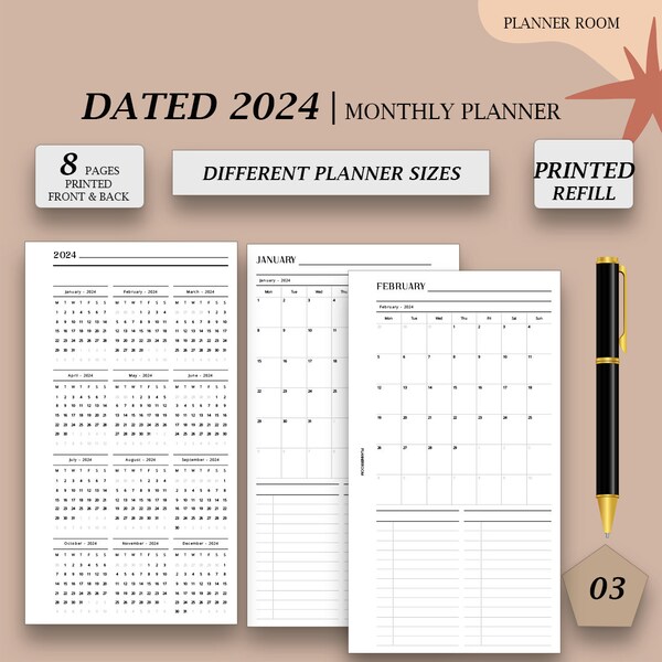 PRINTED 2024 ADHD Monthly planner bundle, Dated monthly calendar refill, Personal inserts, A5, A6 planner, FC Compact, Pocket planner, 03