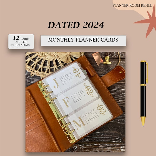 DATED PRINTED 2024 monthly planner cards, 12 month planner accessories, Monthly calendar cards, Jan - Dec 2024 cards