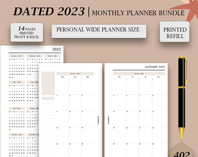 PRINTED 2023 Month at a Glance Inserts, Personal Wide Planner, 2023 Calendar Refill, 2023