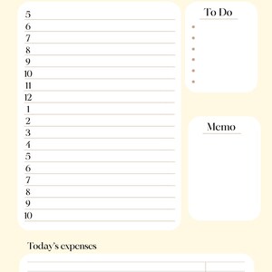 May include: A cream-colored daily planner with sections for scheduling, to-do lists, and memos. The planner includes a date field, a section for hourly scheduling from 5 AM to 10 PM, and a space for tracking expenses.