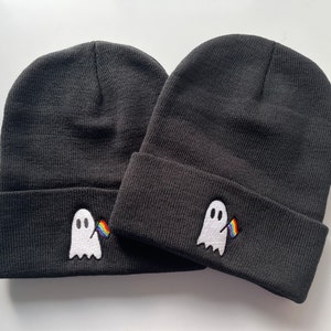 Gay sheet ghost pride LGBTQ+ black unisex knit graphic beanie
