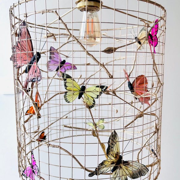 Abat-jour suspension métal bois naturel papillon fait main diamètre 20 cm 30 cm 40 cm 50 cm unique