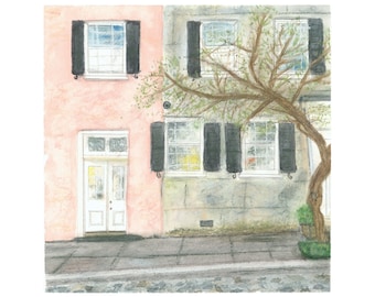 Acuarela original de las casas adosadas de Charleston - Impresión artística de edición limitada