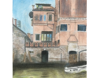 Acuarela original de la Casa del Canal de Venecia - Impresión artística de edición limitada