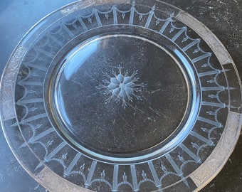 Neoclassical Etched Glass and Silver Rim Round Serving Platter With Birds and Trees