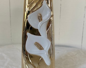 Jarrón vintage de mediados de siglo con capullos de cala, tono dorado, Japón