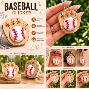 Puede incluir: Un llavero clicker con temática de béisbol. El clicker tiene forma de guante de béisbol con una pelota blanca con costuras rojas. El llavero tiene una cadena de bolas plateada. El texto "BASEBALL CLICKER" está en la parte superior de la imagen.