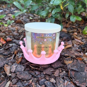 May include: A white-lidded candle with a gold label that reads "Champagne Toast" sits in a pink crown-shaped holder. The candle is surrounded by green foliage and mulch.