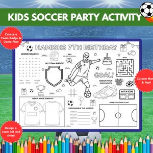 以下が含まれることがあります： 子供の誕生日のためのサッカーをテーマにしたアクティビティシート。シートには、単語検索、迷路、チームバッジ、キット、靴をデザインするエリアが含まれています。「HAMISHS 7TH BIRTHDAY」というテキストが表示されています。サッカーボールと色鉛筆も表示されています。