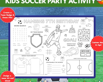 Kinder Fußball Aktivität Blatt, benutzerdefinierte Fußball Party Tischset, Kinder Färbung Matte, Party Geschenk Idee, lustige Kinder Fußball Aktivität Sommer Printables