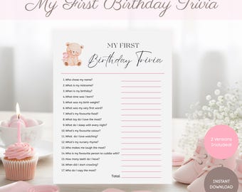 First Birthday Game for Girls | Baby’s First Birthday Party | Printable 1st Birthday Activity Quiz | Birthday Trivia, Beary First Pink Theme