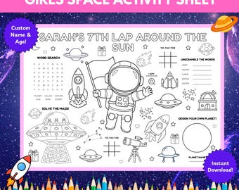 Girls Space Activity Sheet | Printable Astronaut Birthday Coloring Placemat | Personalized Party Favor | Screen Free Word Search Maze