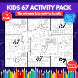 Pode incluir: Um pacote de atividades infantis com o texto "KIDS 67 ACTIVITY PACK" e "The ultimate kids activity bundle". O pacote inclui 10 folhas com várias atividades como caça-palavras, labirintos e jogos de desenho. O número 67 é um elemento proeminente no design.
