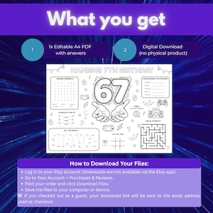 May include: A digital download birthday activity sheet for a 7th birthday, featuring a word search, I Spy, and other games. The sheet includes the text "Hamish's 7th Birthday" and instructions for downloading the files.