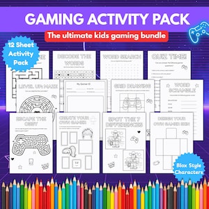 Op de afbeelding: Een gaming-activiteitenpakket met 12 vellen, met doolhoven, woordzoekers, quizzen en meer. Het pakket bevat een verscheidenheid aan activiteiten met een gamethema, zoals het decoderen van woorden, rastertekenen en het ontwerpen van gamerskins. Onderaan staat een set kleurpotloden.