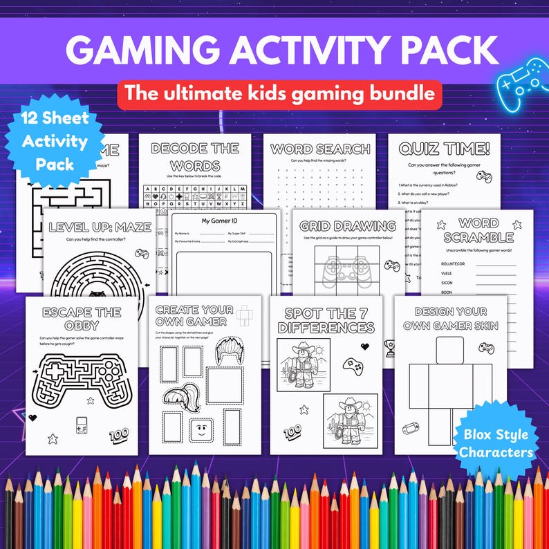 May include: A gaming activity pack with 12 sheets, featuring mazes, word searches, quizzes, and more. The pack includes a variety of game-themed activities, such as decoding words, grid drawing, and designing gamer skins. A set of colorful pencils is at the bottom.