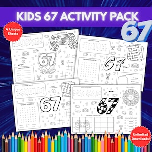 Può includere: Un pacchetto di attività per bambini 67 con quattro fogli unici con cruciverba, labirinti e attività di disegno. Il pacchetto include una varietà di giochi ed enigmi, con il numero 67 visualizzato in modo prominente su ogni foglio. Matite colorate in basso.