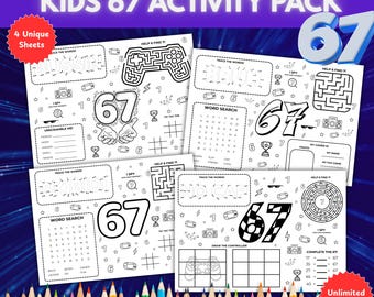 6 7 meme activity sheets for kids, printable dot to dot, maze, word search, six seven birthday theme kids party favour idea 67 coloring book