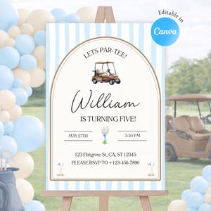 Puede incluir: Un letrero rectangular vertical con rayas verticales azul claro y blancas con un marco arqueado. El texto dice LETS PAR-TEE! William IS TURNING FIVE! MAY 27TH 3:30 PM 123 Flatgrove St, CA, ST 12345 PLEASE RSVP TO +123-456-7890.