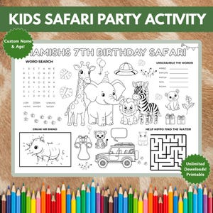 Könnte beinhalten: Schwarz-weiß Safari-Aktivitätsblatt für Kinder. Enthält eine Wortsuche, Wörter zum Entschlüsseln, ein Labyrinth und Malaktivitäten. Enthält Illustrationen einer Giraffe, eines Elefanten, eines Zebras, eines Löwen und anderer Safari-Tiere. Text lautet "Kids Safari Party Activity".