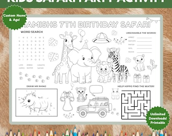 Actividad de fiesta de safari personalizada para niños / Imprimibles de actividades / Mantel individual personalizado / Idea de recuerdo de fiesta / Sopa de letras / Pantalla gratis