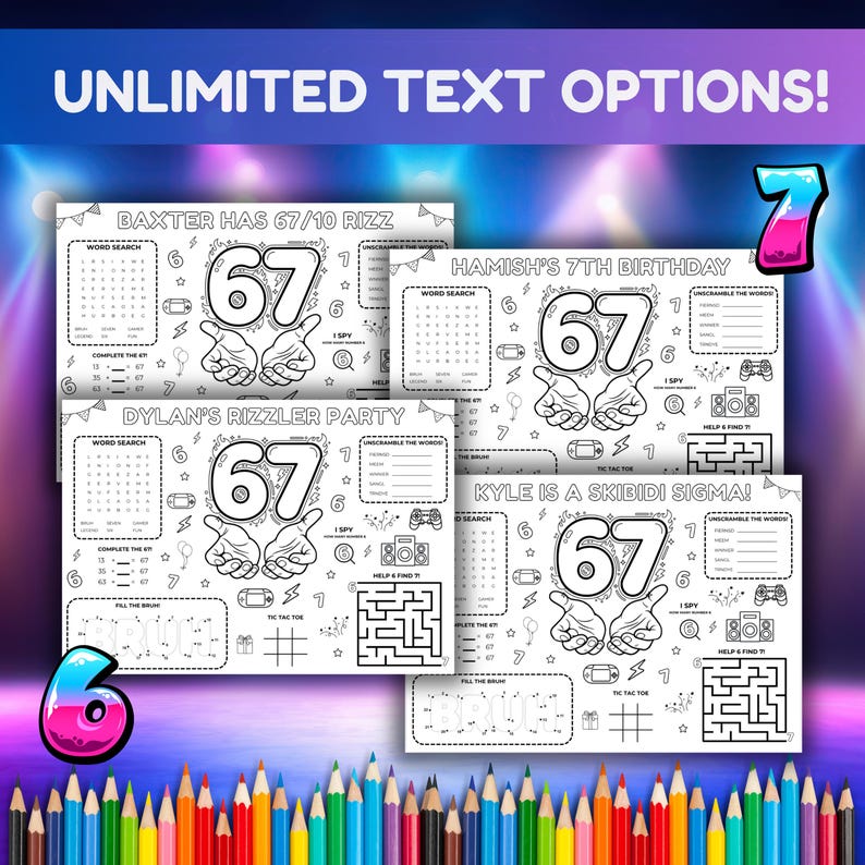 Kids 67 Activity, 6 7 Meme Activity Sheet, Six Seven Party Favors, Kids ...